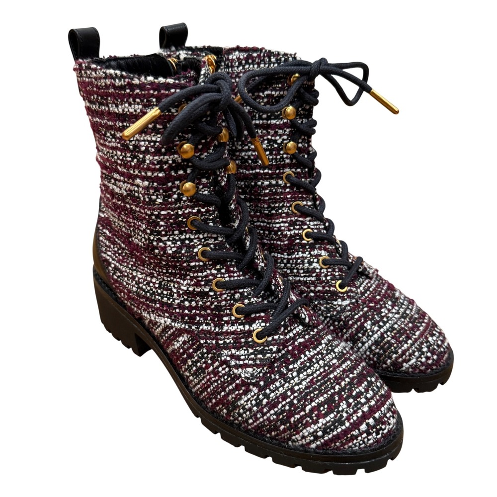 Tory Burch Miller Lug Sole Combat Boots Burgundy Black Tweed Leather 7M Casual